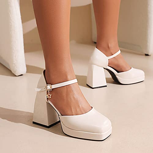 CoceMoce Trendy Chunky Platform Heels for Women Thick Block High Heel Pumps Closed Square Toe Ankle Strap Dressy Shoes Evening Party Work Office Dancing Wedding2