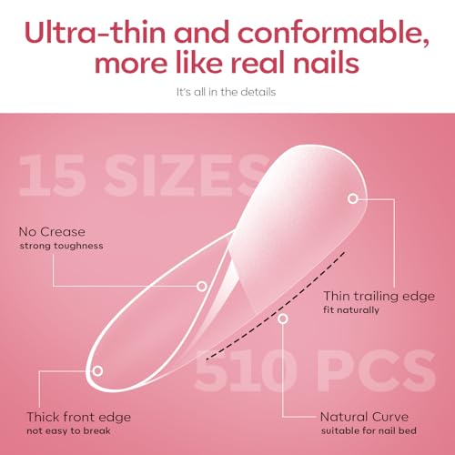 Image of modelones X Nail Gel Kit , Solid Glue Prep Dehydrator UV Light Clipper | 510Pcs Nail Tips Almond Upgrade 15Sizes Medium Almond Press on Tips Etch for Easy Extension DIY Women Gift