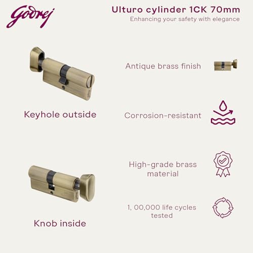 Image of Godrej Cylinder | Europrofile Ulturo XL+ | 1CK 70mm | Antique Brass Finish | Door Thickness Upto 50mm | 4 Keys