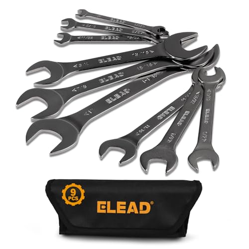 Image of ELEAD 9-Piece Super-Thin Open End Wrench Set, SAE 1 /4 inch-1-1 /16 inch, CR-V Nickel Plated, 3 mm Thickness Ultra-Slim Wrench Set for Tight Spaces, Durable Roll-Up Pouch for Mechanics