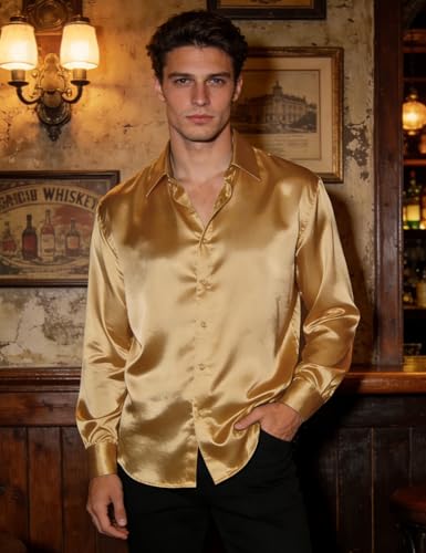 Image of Hi-Tie Men's Silk Satin Dress Shirts Long Sleeve Shiny Casual Button Up Shirts Luxury Party Disco Prom Wedding Shirt