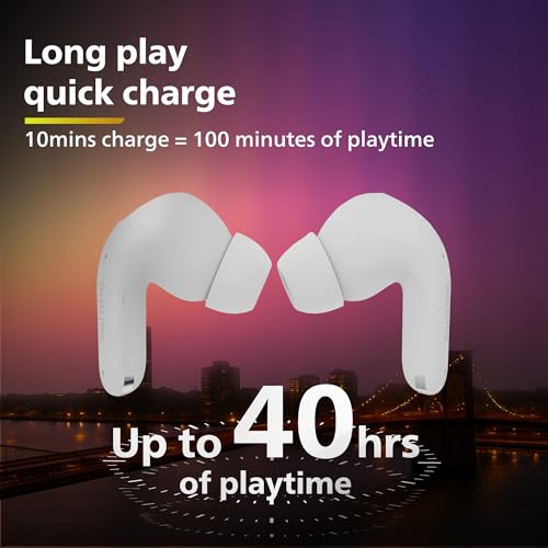 Image of Philips TAT1269 Bluetooth Truly Wireless in Ear Earbuds with mic, 13mm Drivers, BT 5.4, 40H Playtime, IPX5, Fast Charging, Touch Controls, Voice Assistant, Mono Mode, LED Indicator (Bright White)