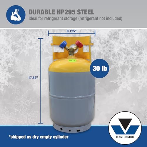 Mastercool 62010 30 lb Refrigerant Recovery Cylinder, DOT-Approved, 1/4" FL-M Connections, HP295 Steel, Yellow/Gray (No Refrigerant Included)