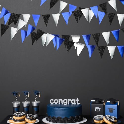 Image of 30Ft Navy Blue Black and Silver Party Decorations Royal Blue Triangle Flag Pennant Banner Bunting for Graduation Birthday Wedding Bridal Shower Nautical Ahoy Achor Themed Party Decorations Supplies