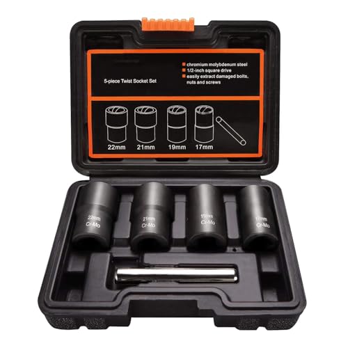 TA-VIGOR 5Pcs Lug Nut Socket Set, Stripped Wheel Nut Removal Tool, Twist Socket Set Lug Nut Extractor Socket Tool for Removing Damaged, Rusted, Rounded-Off Bolts, Nuts, 12-22mm