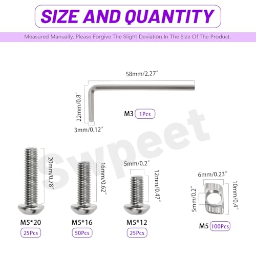 Swpeet 201Pcs M5 Nickel Plated T Nuts Screw with Hex Wrench Assortment Kit, M5×12/16/20 Button Head Hex Socket Head Cap Bolts, T Slot Nut Hammer Head Fastener for 2020 Series Aluminum Profile Groove