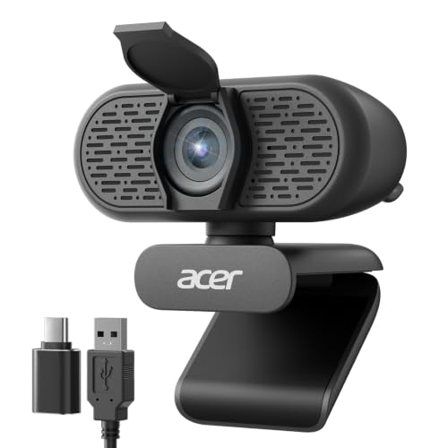 Image of Acer 1080p Webcam USB Plug and Play Webcam for PC with Noise Cancellation Microphones Computer Camera for Desktop Streaming Gaming Online Meeting Wide Angle Privacy Cover A-to-C Adapter Easy Setup