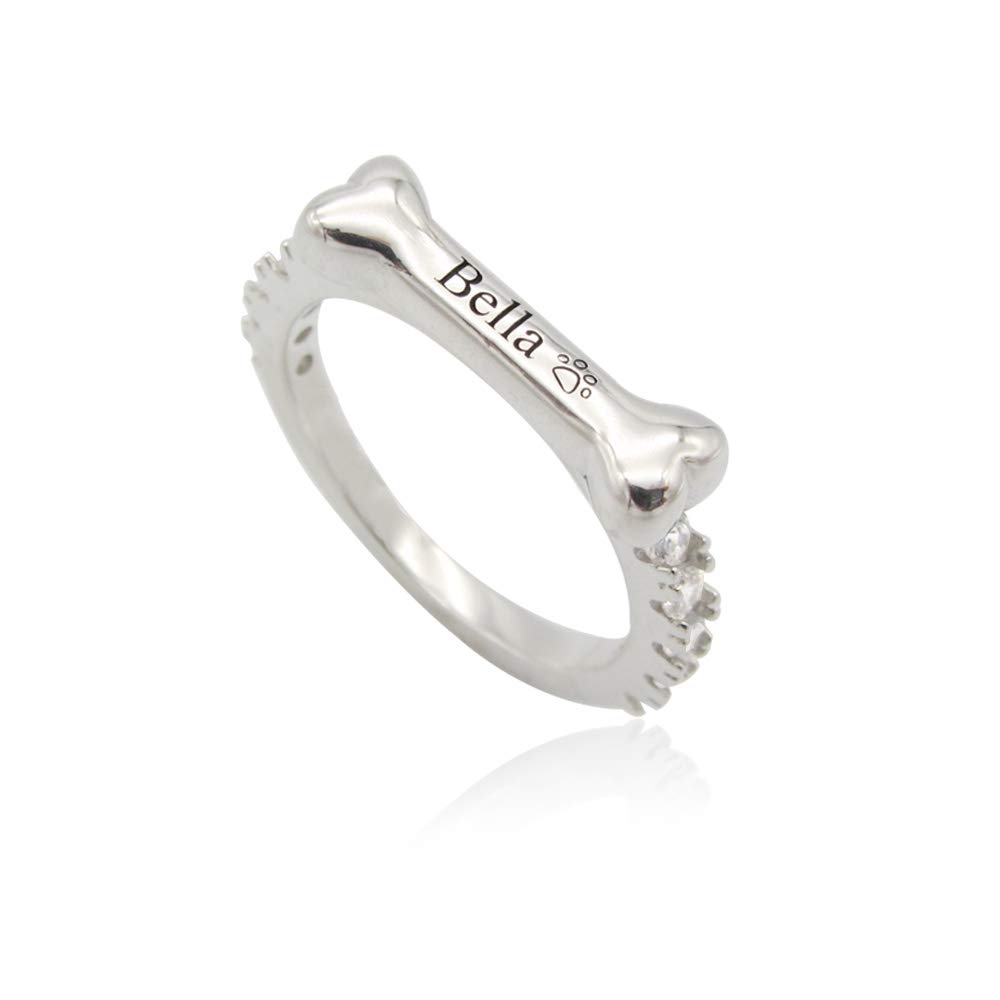 Funcok Personalized Silver Sterling 925 Bone Shape Pet Dog Paw Cubic Zirconia Custom Name Ring Silver