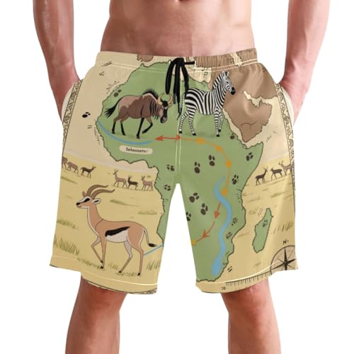 Men's Swim Trunks Quick Dry Swimming Shorts with Pocket African Wildlife Migration Routes Map Swimsuit Trunks