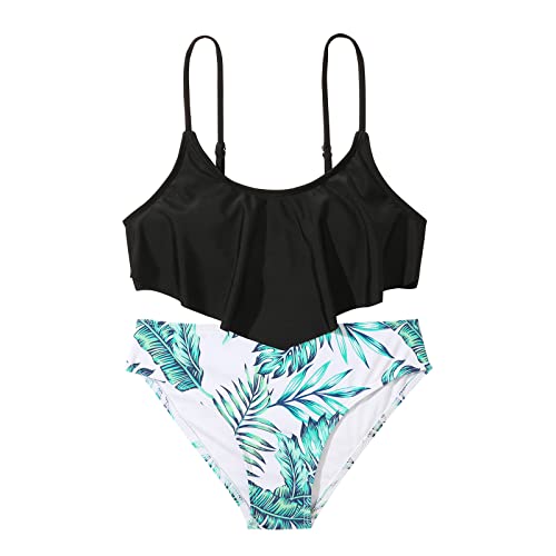 Girls Tankini Swimwear 2-Piece High Waisted Bikini Set with Ruffle Leaves Swimsuits Kids Beach Tropical Bathing Suit