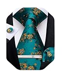 DiBanGu Silk Floral Ties for Men Woven Paisley Necktie and Tie Clip Handkerchief Cufflinks Set for Party Wedding, Teal and Gold