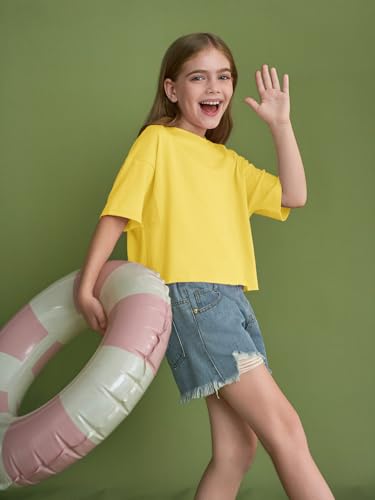Image of Girls Athletic Oversized Crop Tops Kids Drop Shoulder Short Sleeve T Shirts Workout Tees 5-14 Years
