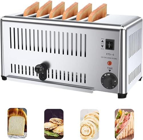PPGE Home Tostadora Comercial de Acero Inoxidable para 6 rebanadas, tostadora Manual emergente, Ranuras Extra Anchas, tostadora para panecillos de Hamburguesa, Bandeja para Migas extraíble