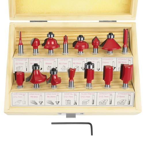 flintronic Fresas Set, 15 PCS Cortadores Madera de Diámetro de Caña Herramienta de Fresado | Kit de Herramientas de Carpintería con Caja de Madera para el Hogar y Bricolaje(6.35mm)