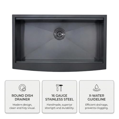 Image of 33 Inch Black Farmhouse Sink, 33x20x9 Undermount Gunmetal Black Apron Front Farm Ktichen Sink Stainless Steel Single Bowl 16 Gauge with Accessories