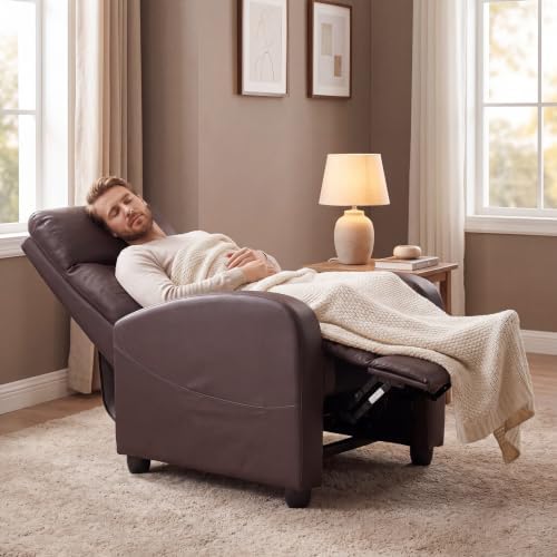 Image of Manual Massage Recliner Chair, Oversized Lazy Boy Reclining Sofa with 8 Massage Modes, Adjustable Backrest & Extended Footrest, Ergonomic Single Recliner Couch for Living Room, Bedroom, Brown