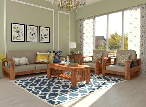 Image of Wooden 5 Seater Sofa Set for Living Room, Five Seater Sofa for Office & Lounge, 3+1+1 Seater Sofa Sets for Home, Sheesham Wood (3+1+1 Seater,Honey)