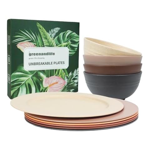 greenandlife 10inch/6pcs Flat Plates + 24oz/4pcs Bowls, Unbreakable Microwave Safe Reusable Lightweight Plates and Bowls Sets Dishwasher Safe Dishes for Outdoor Camping RV, Earth Tone Cover