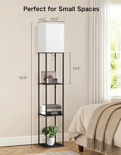 Image of OUTON Floor Lamp with Shelves, Modern Square Standing Shelf Lamp, Black | 3 Color Temperature Bulb, Storage Display Wood Column Tall Bookshelf Lamp for Living Room, Bedroom Office