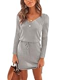 shirtkleid langarm weiss Design: EU-Größe, Damen Kleid Langarm V-Ausschnitt A-Linie Kurze Mini Kleider Lose Swing T-Shirt Kleid Blusen Tunika, Super praktisch