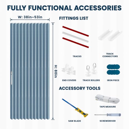 Image of AJAZZ 100% Blackout Accordion Door Accordion Doors Interior Invisible Folding Door Magnetic Door Curtain for Bedroom Living Room Doorway Curtain Sets Included Tracks (1Panel, 53W x 80 L, Blue)