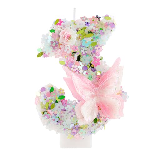 Hongplus Glitter Spring Birthday Number Candles Butterfly Birthday Candles with Rose for Cake Garden Theme Number 3 Candle Cake Topper with Sequins for Girls Women Anniversary Celebrations Supplies