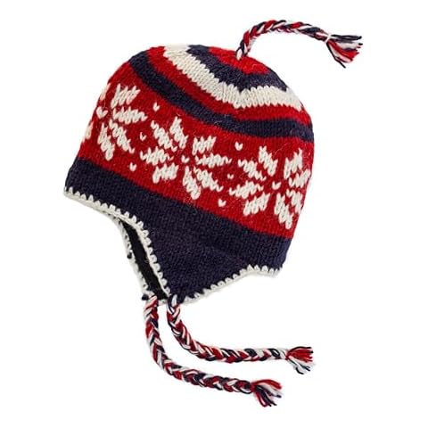 Hand Knit Sherpa Wool Unisex Hat with Micro Fleece Lining with Snowflake Pattern - Ear Flaps - Toque - Beanie (Navy Blue, Red and White) Cover