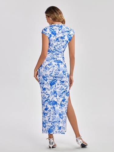 Image of HTZMO Floral Wedding Guest Ruched Bodycon Maxi Dress for Women | Cap Sleeve Slit Long Dresses, Fall Formal Cocktail Party Elegant Modest Bride Shower, Stretchy Mesh Fabric, Winter 2026