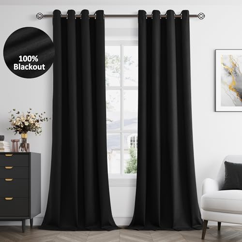 Jowels Black Linen Grommet Blackout Curtains 120 Inches Long for Bedroom
