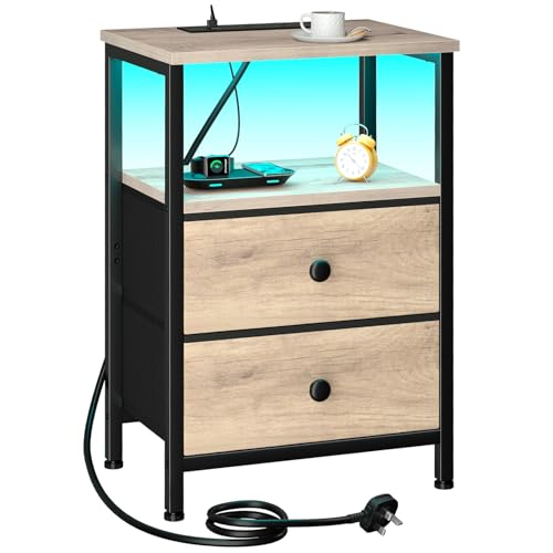 LOAKEKEL Bedside Table with LED Light, Small Side Table with Charging Station, Bedside Cabinet with 2 Fabric Drawers and Open Storage Shelf, Nightstand for Living Room, Bedroom, Gray UHETS02GY-1