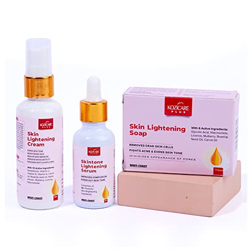 Kozicare Plus 3 STEP Kit for Anti-Pigmentation, Reduce Uneven Skin Tone, Dark Spots & Sun Damage (Soap + Serum + Cream)