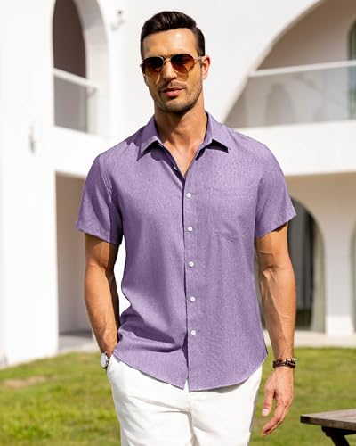 Image of Alimens & Gentle Mens Linen Shirts Short Sleeve Button Down Shirts Wrinkle Free Casual Vacation Beach Summer Tops