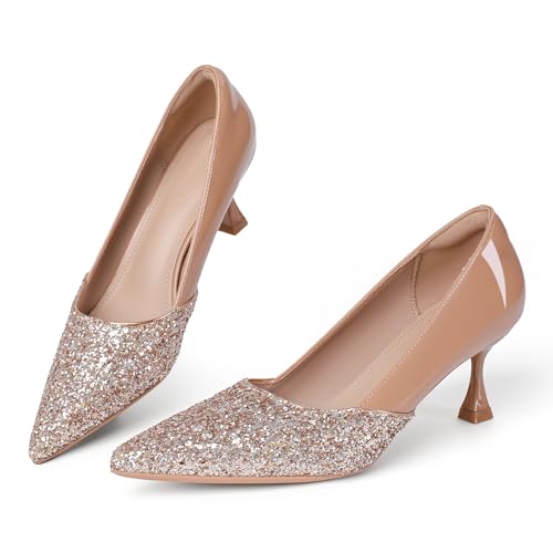 congliji Nude Women's Kitten High Heels 2 Inch Sequin Pointed Toe Leather Pumps Comfortable Slip On...