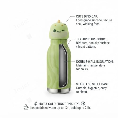 Image of JOUET 450ml Stainless Steel Kids Water Bottle with Cute Dinosaur Character Lid, Leakproof Drinking Bottle for School, Travel, Sports & Everyday Use