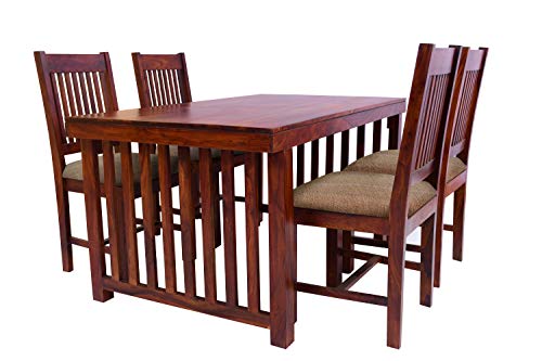 Image of 6 Seater Solid Wood Dining Table Set with 6 Cushioned Chairs | Teak Finish Dining Set for Home & Kitchen | Modern Wooden Dining Furniture