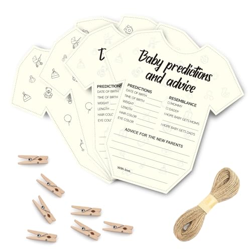 OLOUTAB Baby Prediction and Advice Cards Set with Clips & Rope - 50 Bodysuit Shape Thick Kraft Paper - Baby Shower Games & Decorations Gender Reveal Boy or Girl Activity and Keepsake For New Parents