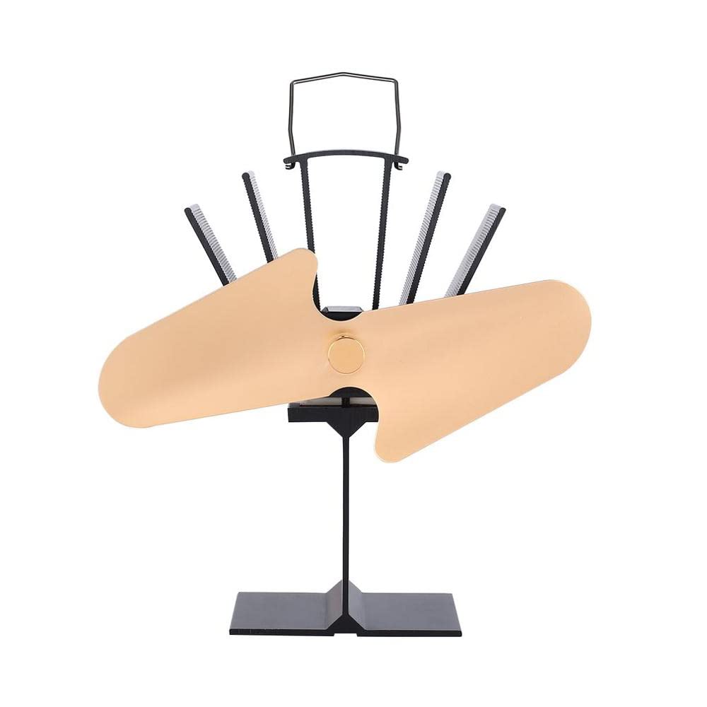 Ventola per stufa a 2 pale, ventilatori termici in alluminio per legno, bruciatore a legna e camino (oro)