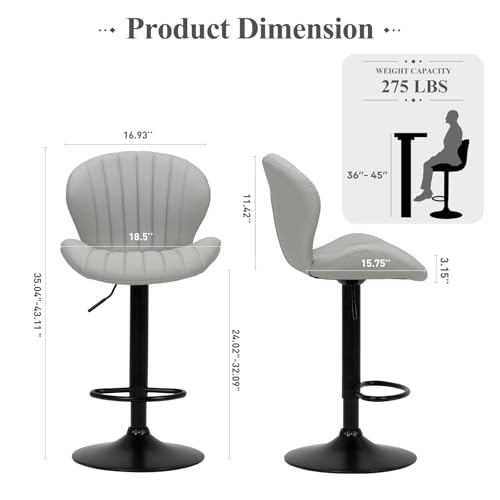 Image of COLAMY Bar Stools Set of 2, Modern Swivel Bar Chairs, Adjustable Faux Leather Upholstered Barstools Counter Height with High Backrest for Bar, Kitchen Island, Dining Room, Grey