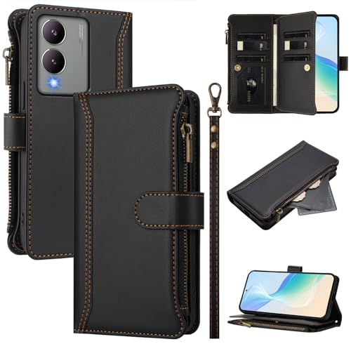 Rfvzubemok Compatible with Vivo Y28 5G / G2,Compatible with Vivo Y36i / Y17s / Y33t / Y36m Cover,Flip Kickstand Double Card Slots Zipper Wallet Case Black