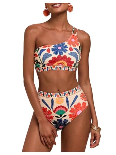 MakeMeChic Women's High Waisted Bikini Set Floral One Shoulder Boho Swimwear Bathing Suit Swimsuit