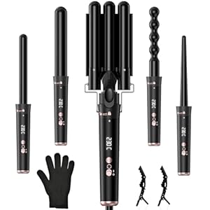 5 in 1 Lockenstab Set,Onftrym 9-32mm Keramik Lockenstab Mit Verschiedenen Aufsätzen für Große und Kleine Locken,160-230℃ Einstellbare Temperatur mit Anzeige,3 Fässer Welleneisen mit Handschuhe & Clips