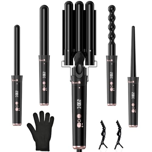 Onftrym Ferro Arricciacapelli 5 in 1,Multifunzione Arricciacapelli Set con Display LCD e Temperatura Regolabile 160-230℃,Piastra Onde Per Capelli Ceramica,Piastra Capelli Ondulati con Guanto e 2 Clip