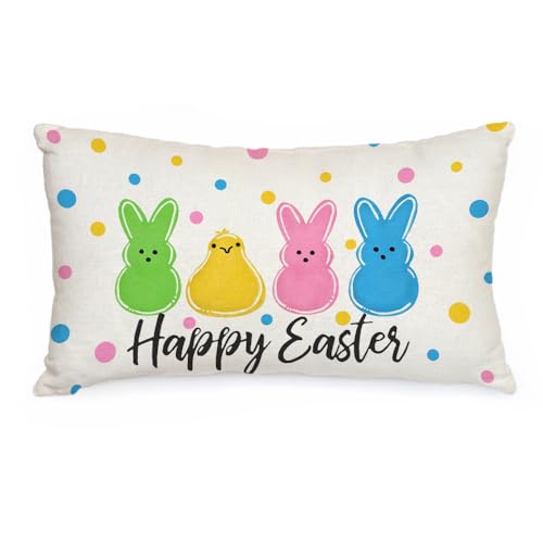 AACORS Easter Pillow Cover 12X20 Inch Polka Dots Colorful Bunnies Chick Decorations Holiday Farmhouse Decorative Spring Pillow Case for Home Sofa Couch AA112-12