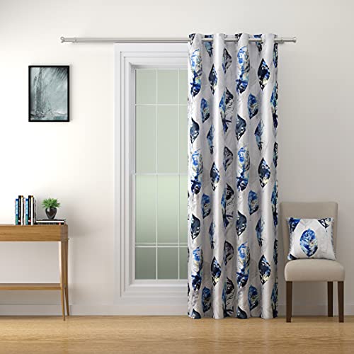 Image of Swayam 90% Blackout Polyester Window Curtain for Living Room & Bedroom | 5 Feet | Room Darkening Curtain with Eyelets | Pack of 2 | Leaf Design - White & Blue
