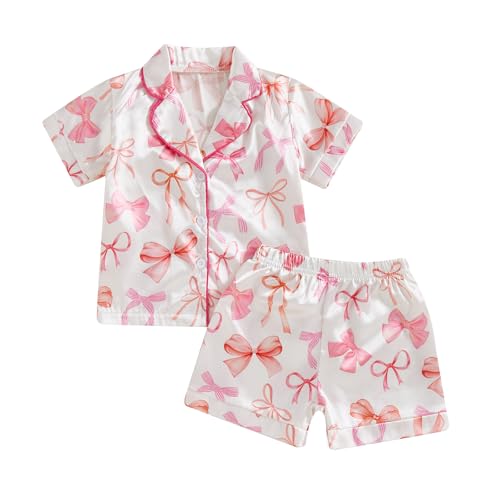 MAINESAKA Toddler Baby Girl Satin Pajama Set Summer Sleepwear Short Sleeve Button Down Silk Shirt And Shorts 2 Piece Cute Pjs (C-Pink, 12-18 Months)