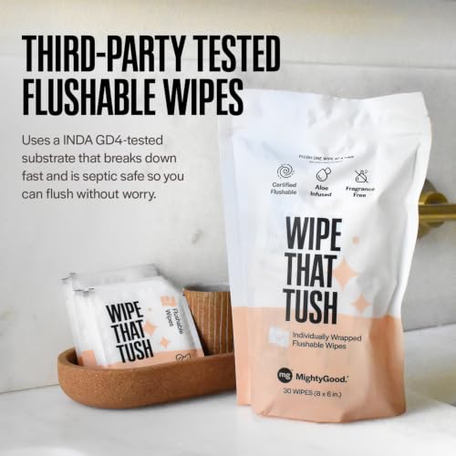 Image of Wipe That Tush On-The-Go Flushable Wipes Bulk Pack - 12 Packs of 10 Individually Wrapped Travel Wipes, 120 Total - Fragrance Free - Hypoallergenic With Aloe & Vitamin E - Septic Safe