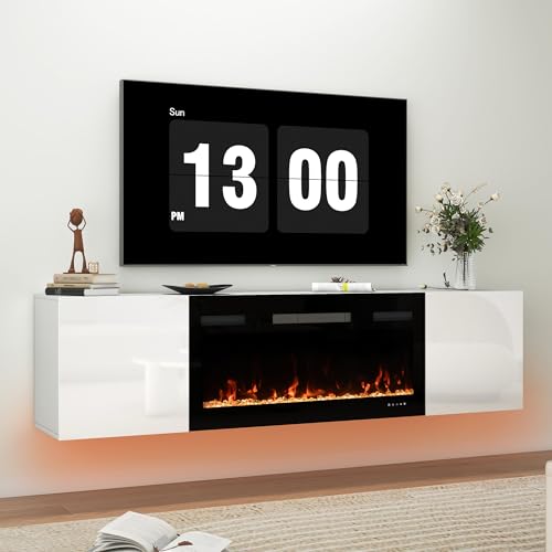 Real Relax 80" Floating TV Stand with 40" Electric Fireplace, Wall Mounted Entertainment Center with Storage, Remote Control, Modern LED Lights Fireplace TV Console, Taller Version, White/Bl