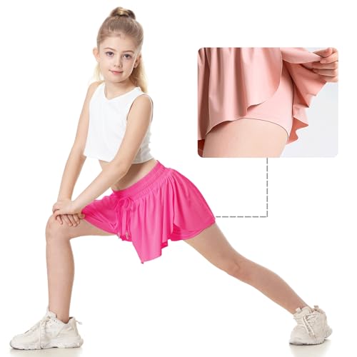 Girls Flowy Shorts,Hot Pink Butterfly Shorts for Girls Size 8-10 Years，2-in-1 Girls Athletic Shorts with Spandex Liner and Big Side Pocket for Fitness, Running, Sports Hot Pink M3