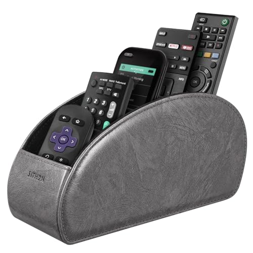 Image of SITHON Remote Control Holder with 5 Compartments - PU Leather Remote Caddy Desktop Organizer Store TV, DVD, Blu-Ray, Media Player, Heater Controllers, Dark Gray