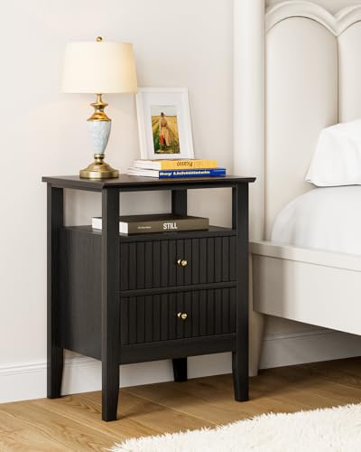 HEYZOEY Table de chevet rétro avec 2 tiroirs, en bois massif, table de chevet bohème, pour chambre à coucher, salon, noire